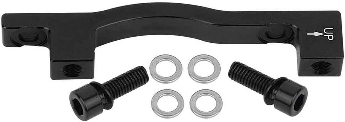 Black post-mount brake spacer adapter with threaded bolts and four washers