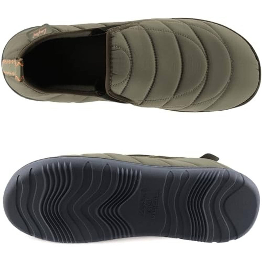 Army green slip-on slippers, top view of quilted upper and treaded outsole
