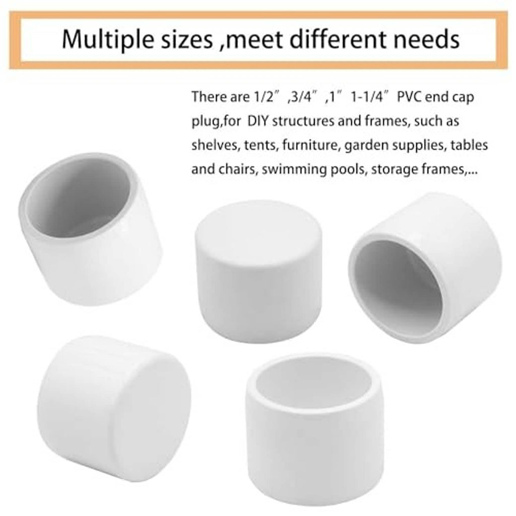 White PVC pipe end caps, 1-1/4 in plug connectors, shown from multiple angles