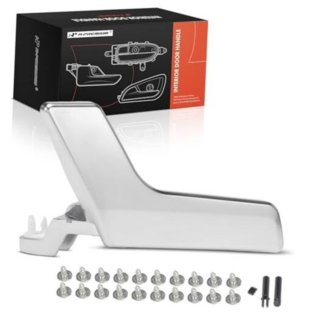 Interior door handle repair kit with chrome handle, bolts, and mounting screws
