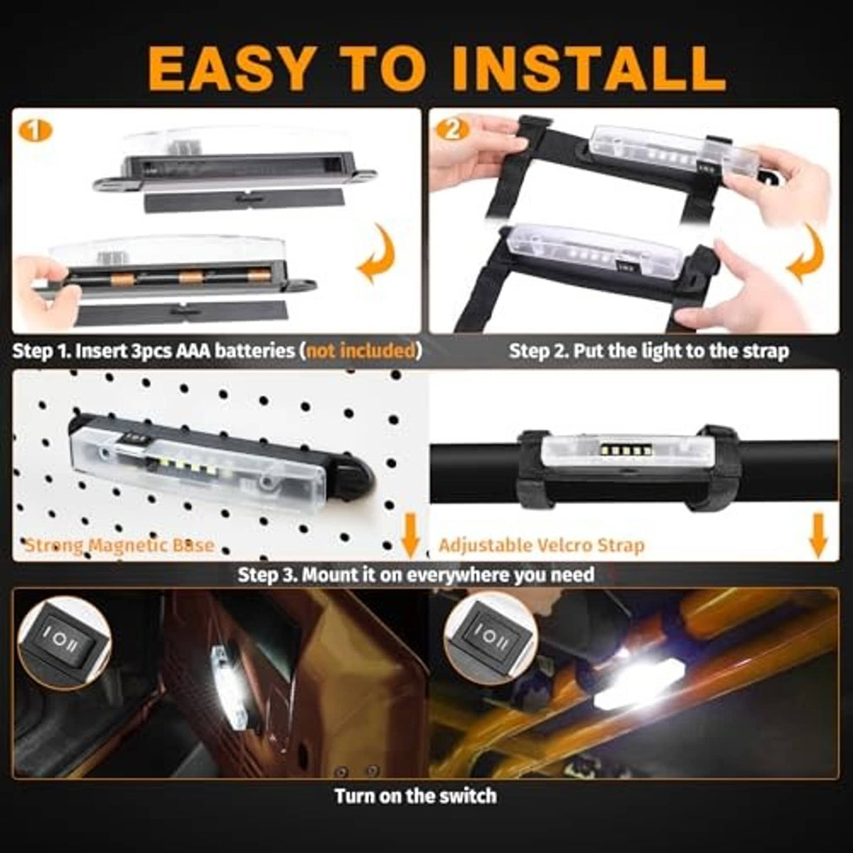 Easy-install LED light bar with magnetic base and adjustable Velcro strap mount