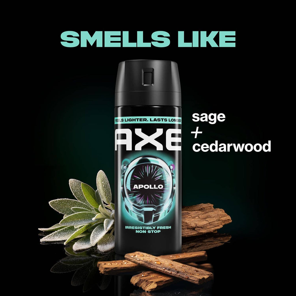 Black AXE Apollo deodorant body spray can with sage and cedarwood scent imagery