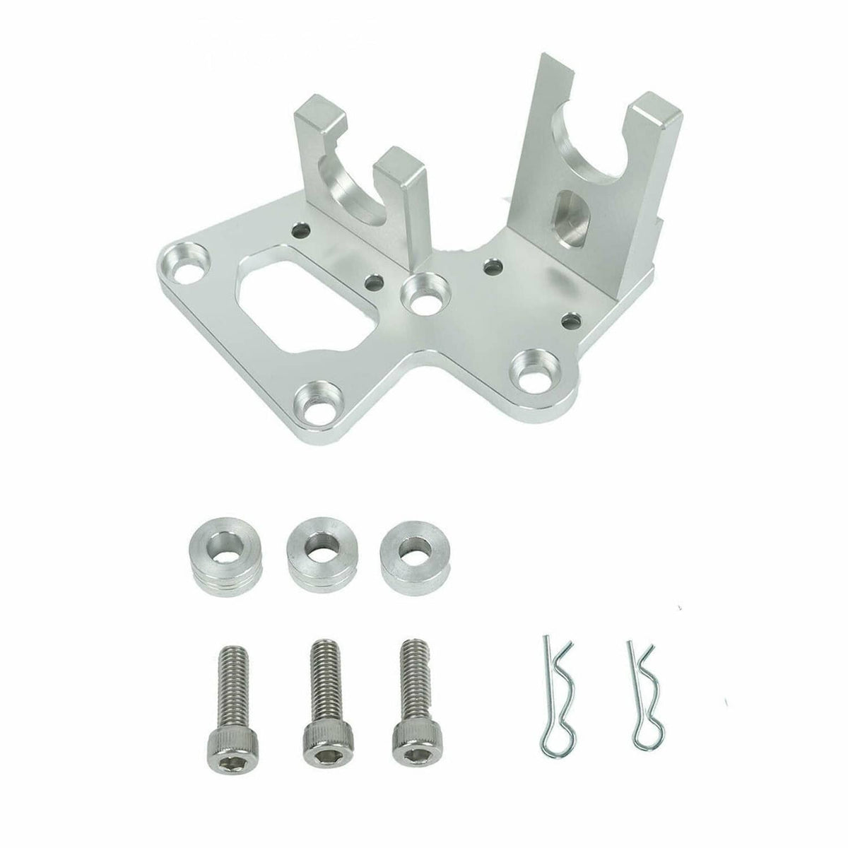 Silver trans shifter cable bracket kit with washers, bolts, and spring clips