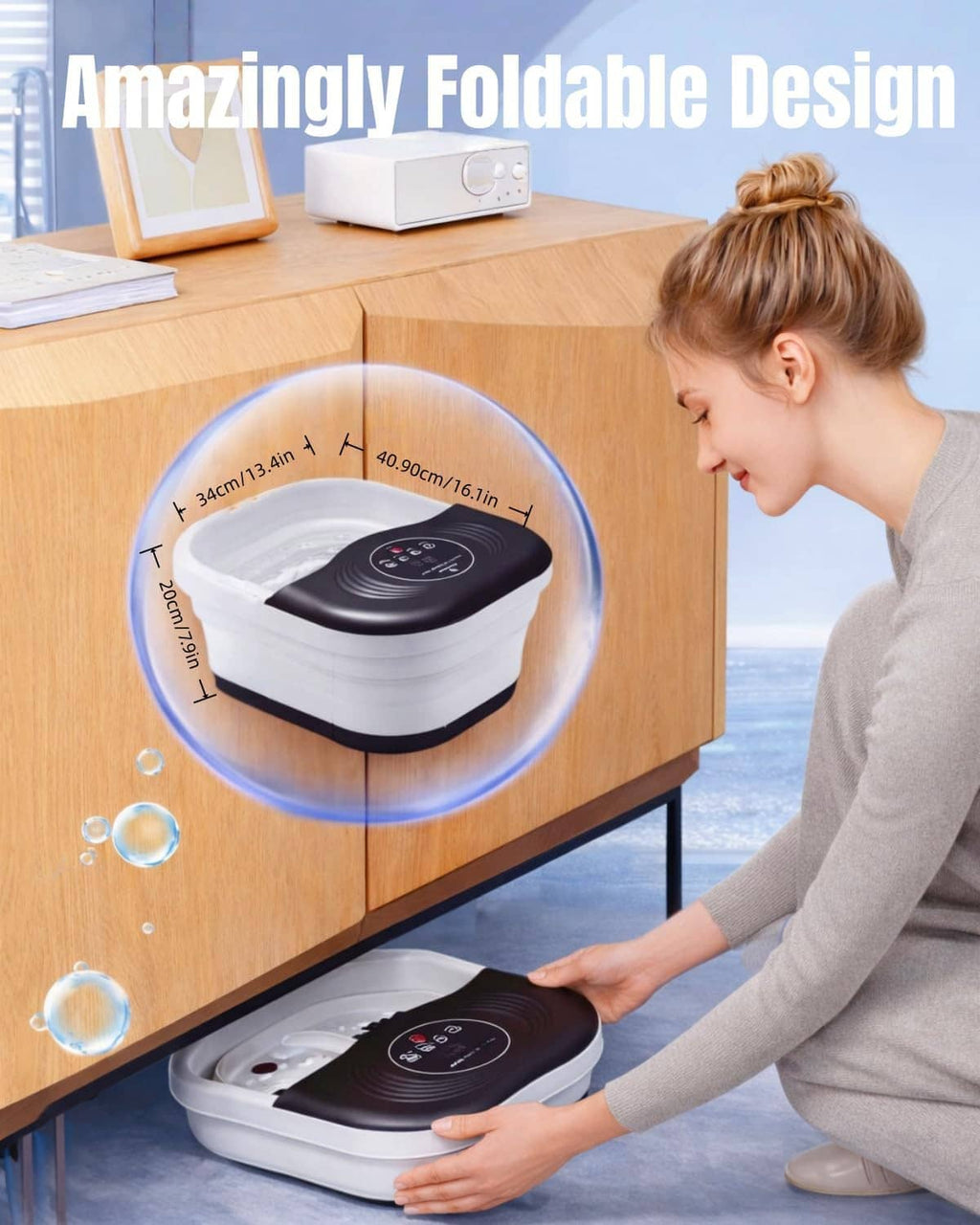 Foldable heated foot spa with compact design and black control panel
