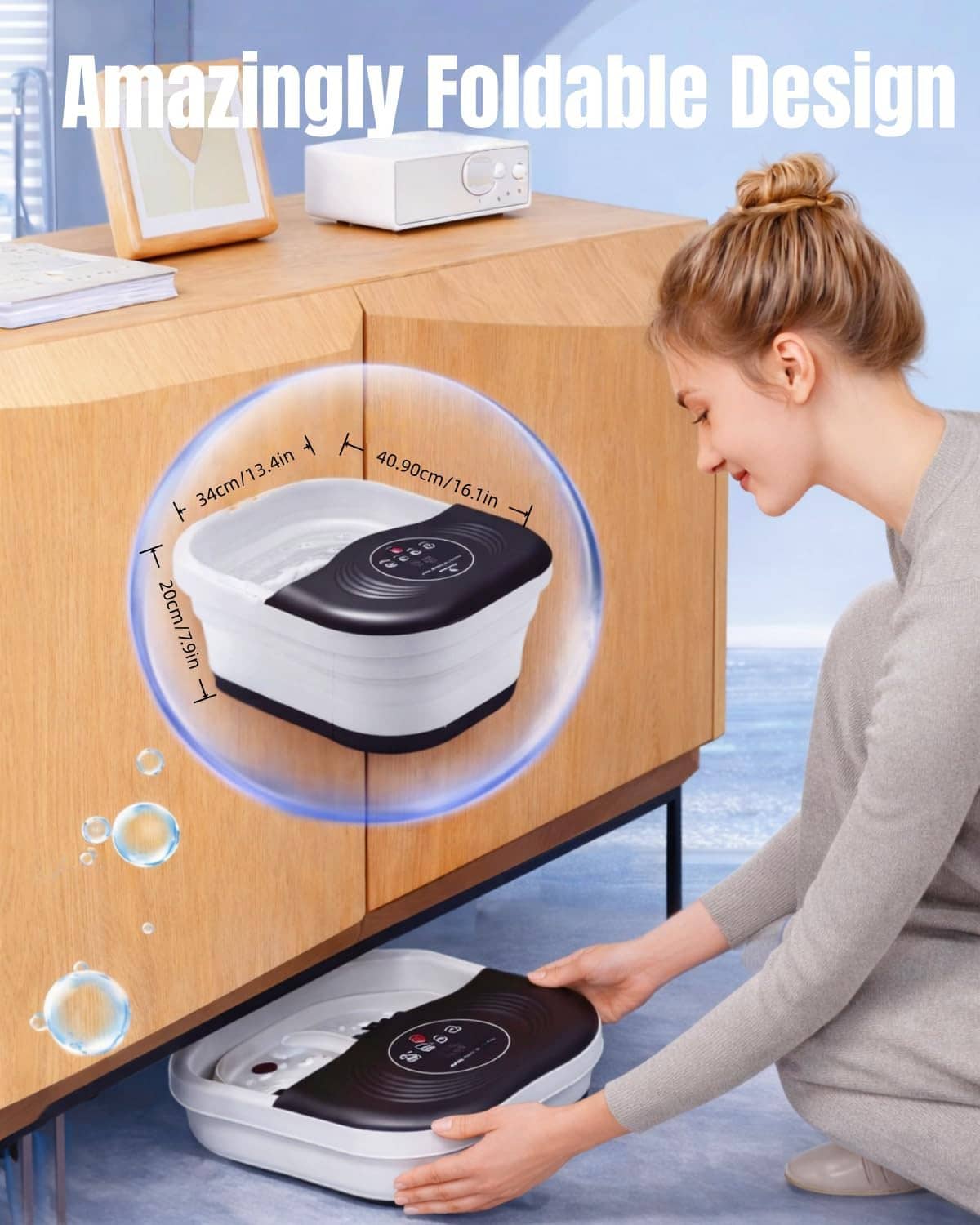 Foldable heated foot spa with compact design and black control panel