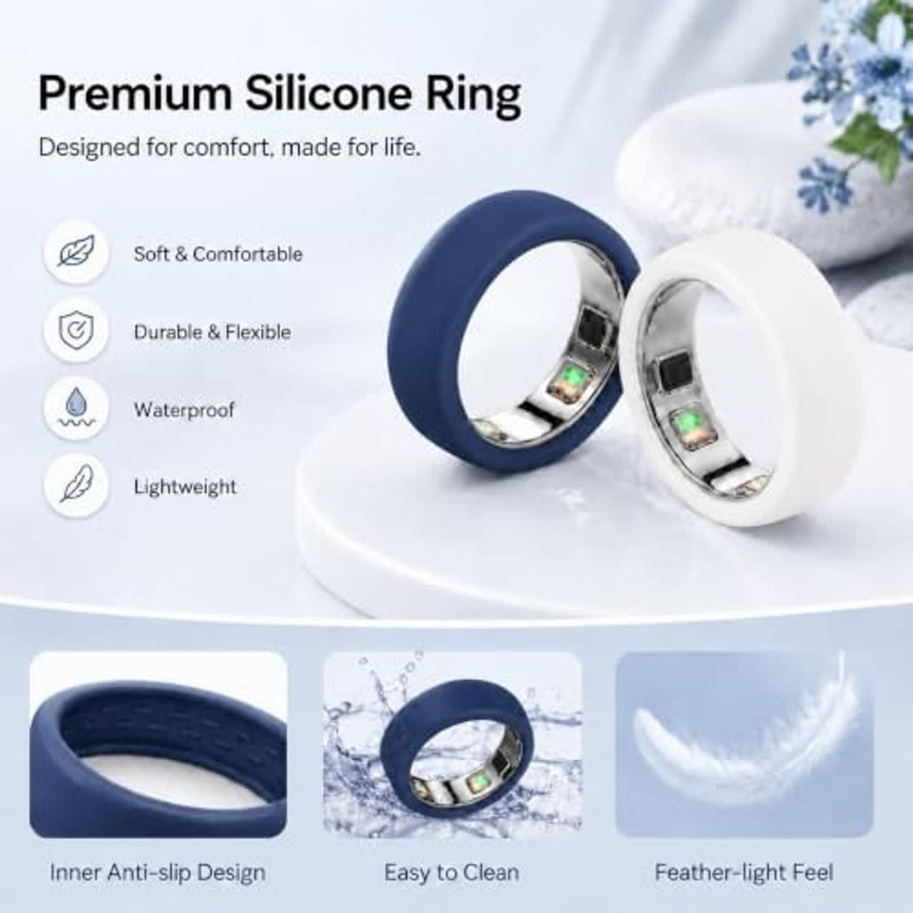 Blue and white silicone smart ring protectors with metal interior and window