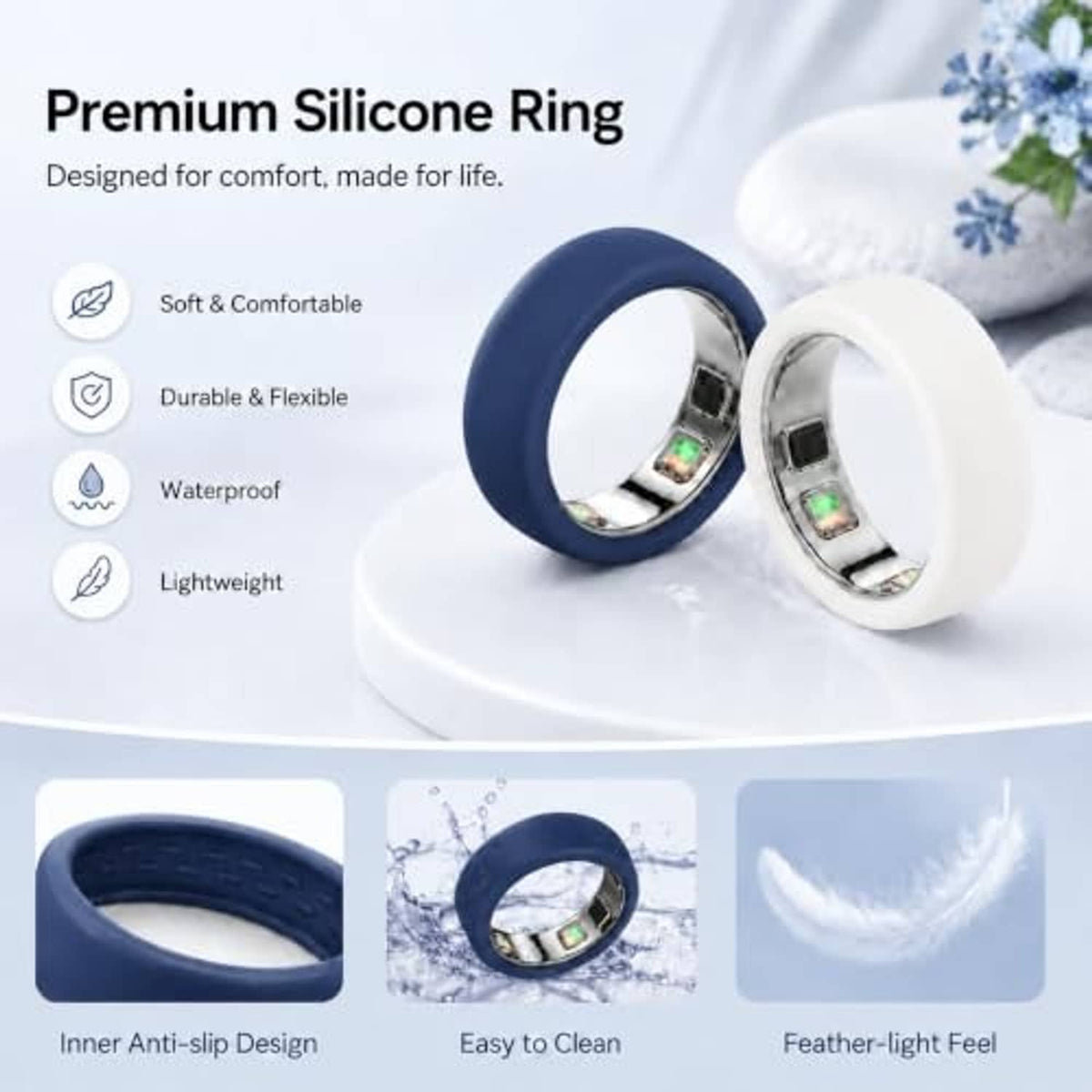 Blue and white silicone smart ring protectors with metal interior and window