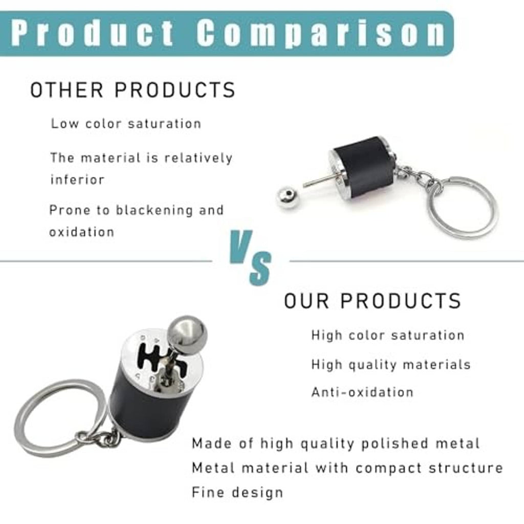 Car gear shifter keychain with polished metal and black body connected to a keyring