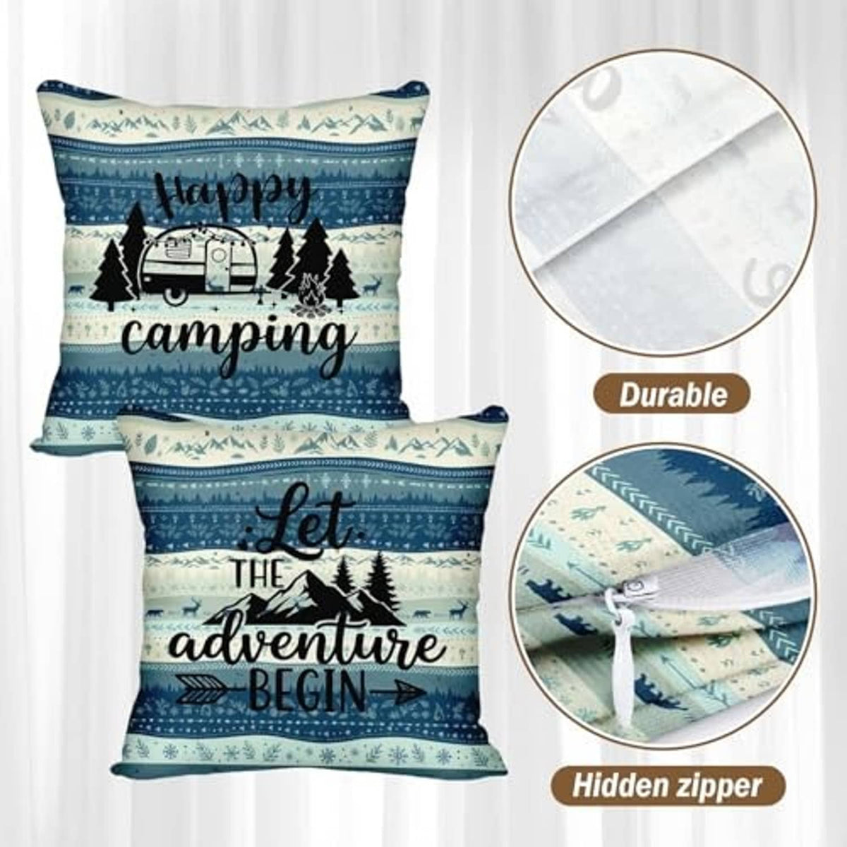 Blue camping-themed RV cushion covers, front view with durable hidden zipper details
