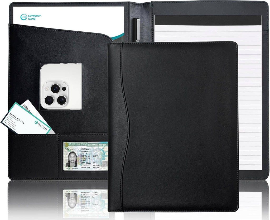 Black padfolio open, showing front card pocket and lined paper holder