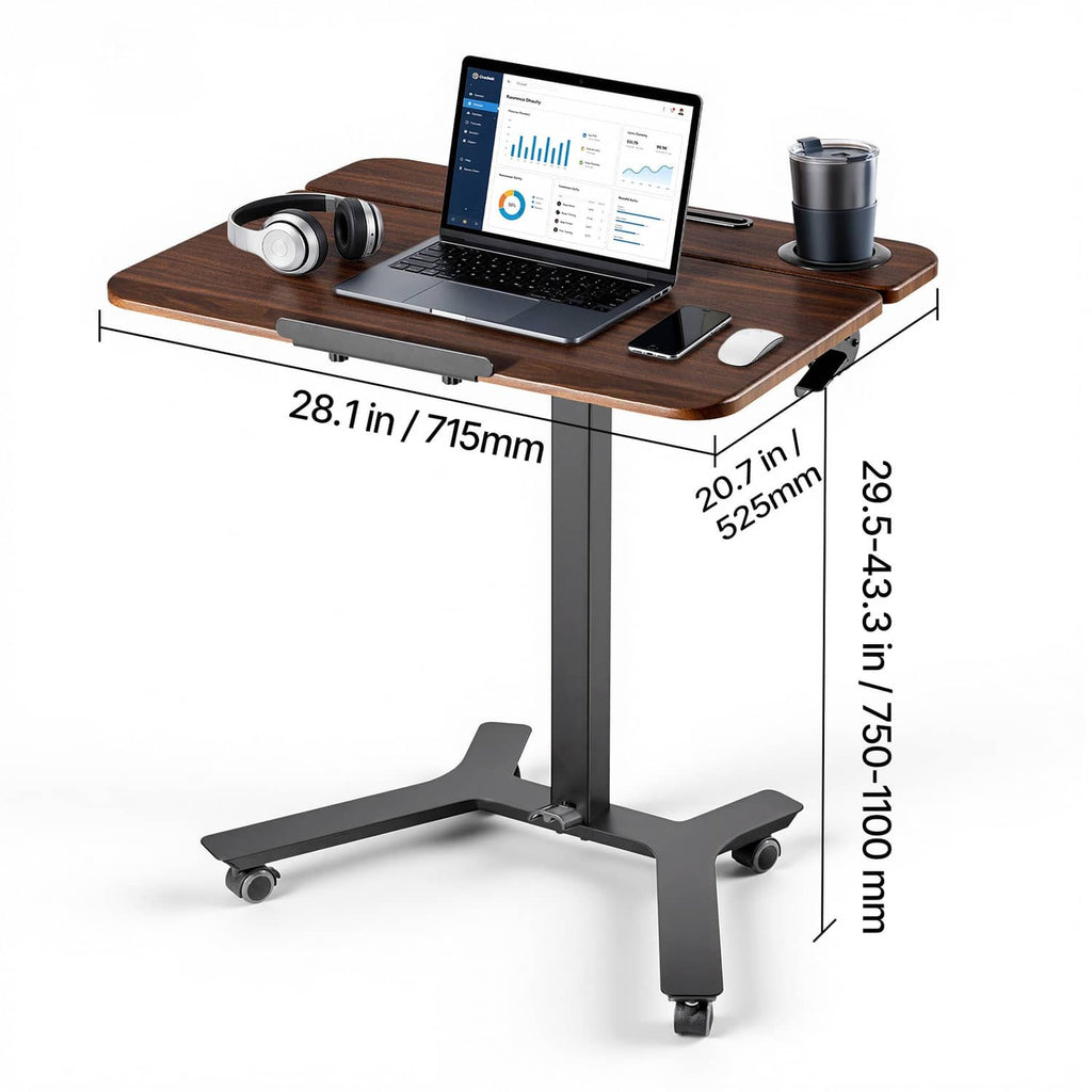 Portable standing desk with dark wood top, tablet laptop setup, and wheeled base