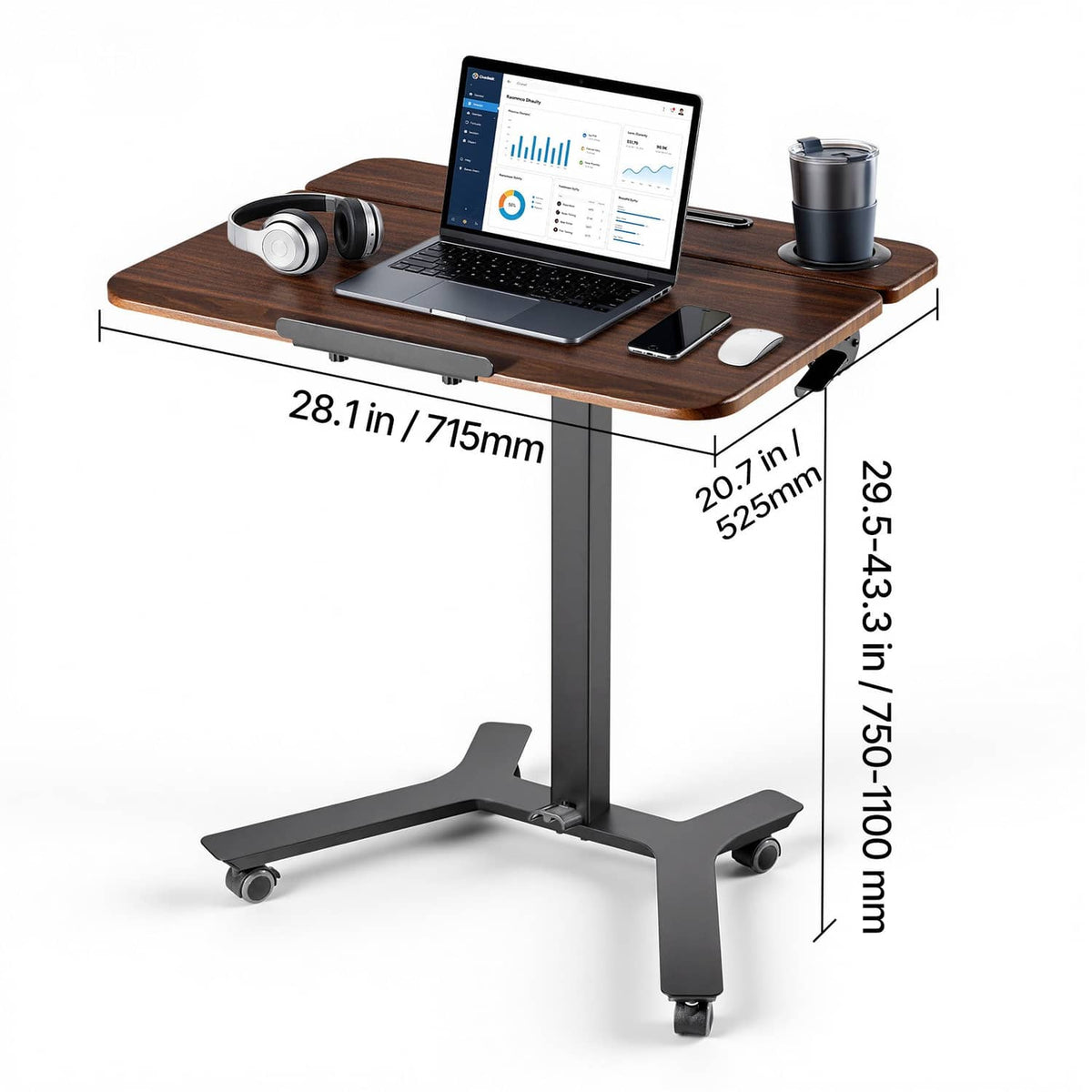 Portable standing desk with dark wood top, tablet laptop setup, and wheeled base