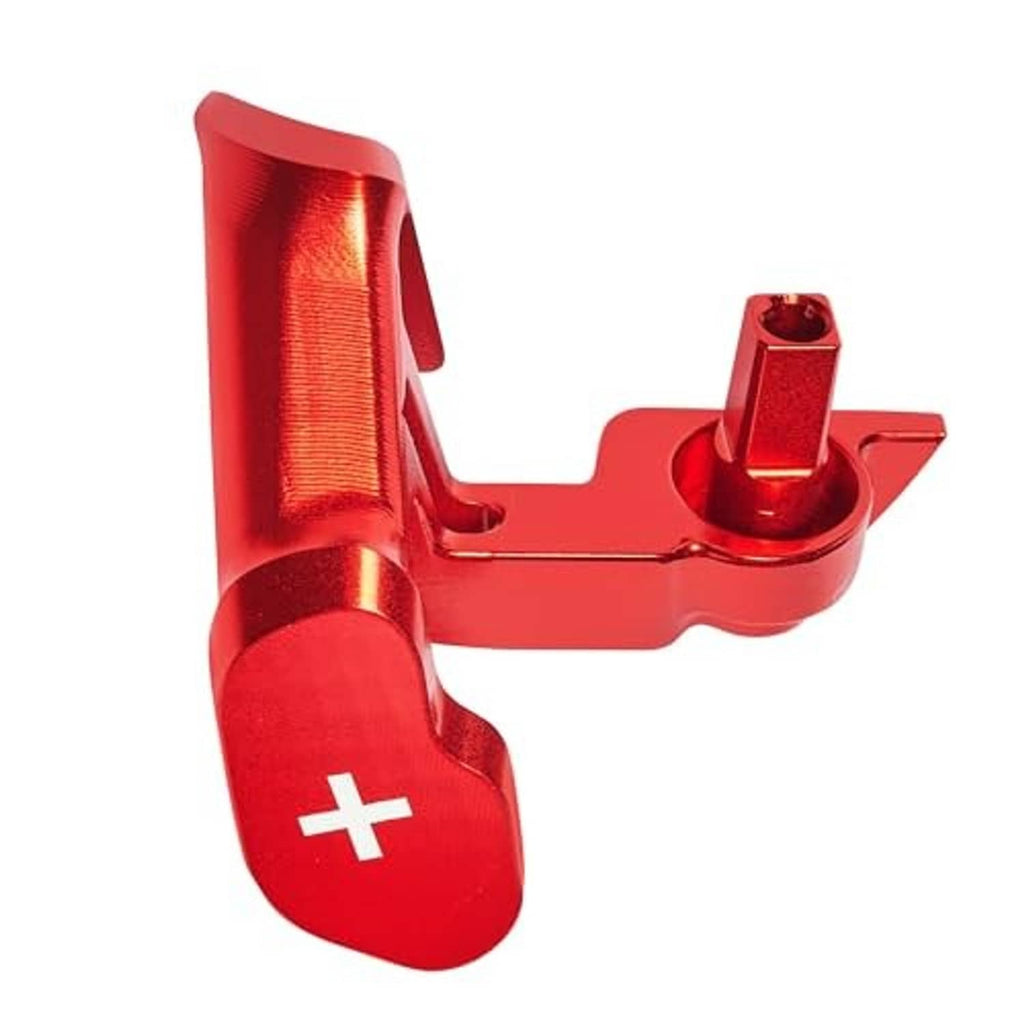 Close-up of red aluminum thumb throttle lever controller with plus (+) and pin mount