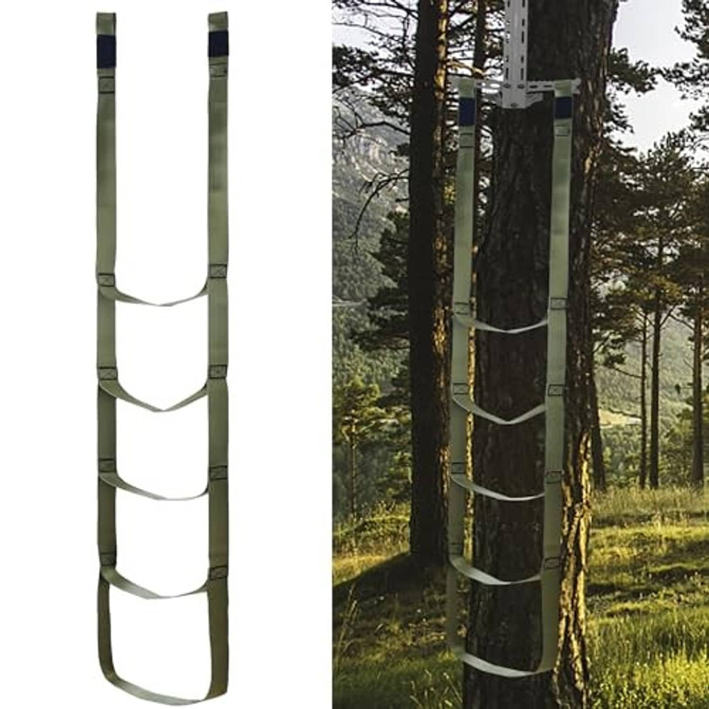 Green climbing stick aider strap with hanging foot loops for hunting tree steps