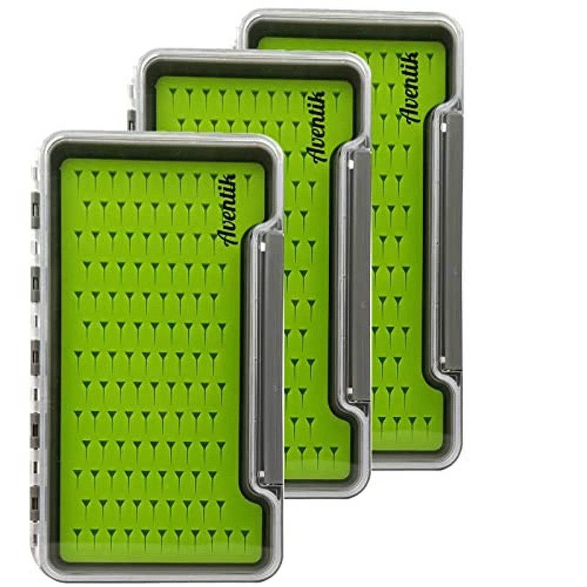 Three green silicone fly fishing trays with clear plastic lids in gray waterproof case