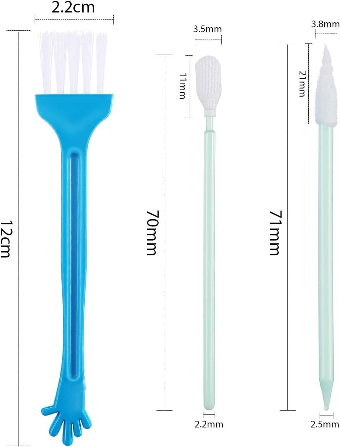 Measured phone cleaning brush set: teal shafts with white bristles and blue tool
