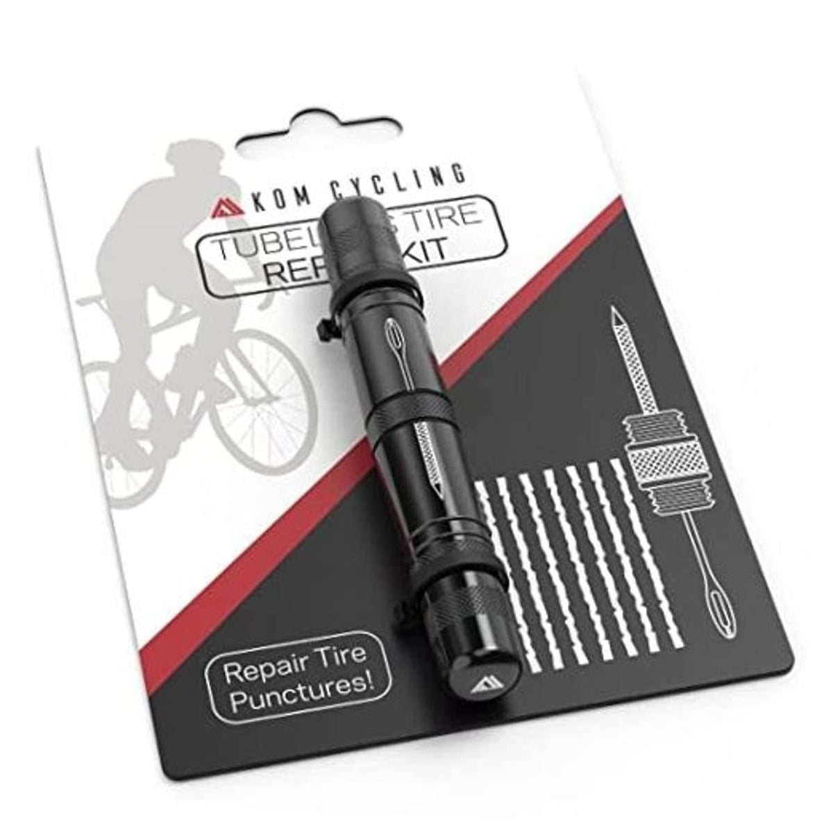 Black tubeless tire repair tool on hanging package card with puncture repair label