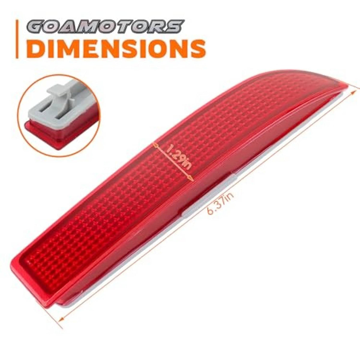 Red rear bumper reflector lens, long narrow rectangle with mounting tab