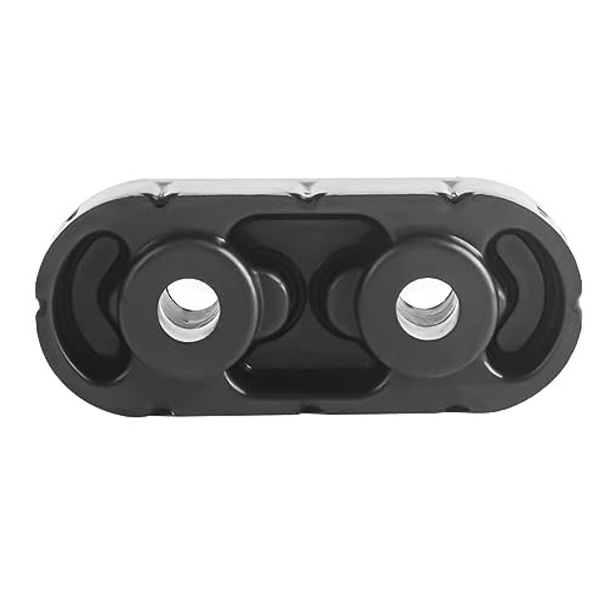 Black exhaust muffler hanger insulator with two silver bolts and circular holes