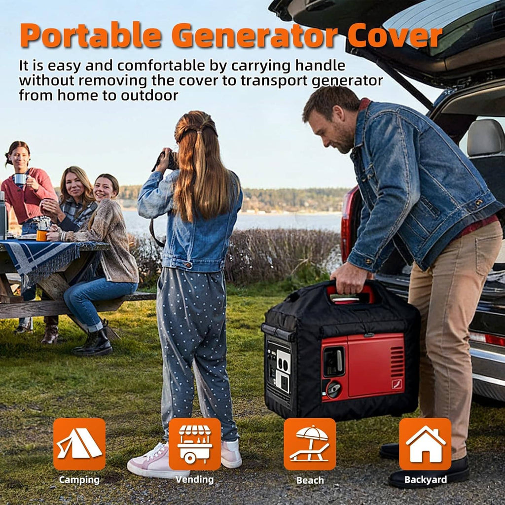 Black generator cover tent with red generator visible through front window, carry handle