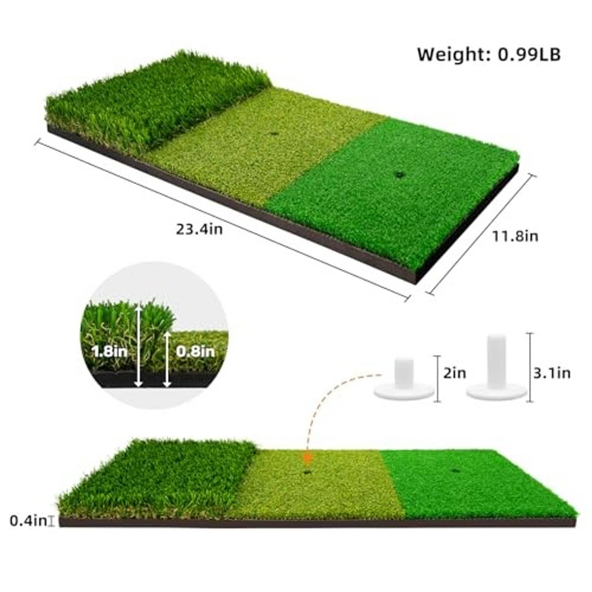 Green tri-turf golf hitting mat with three playing zones and rubber backing