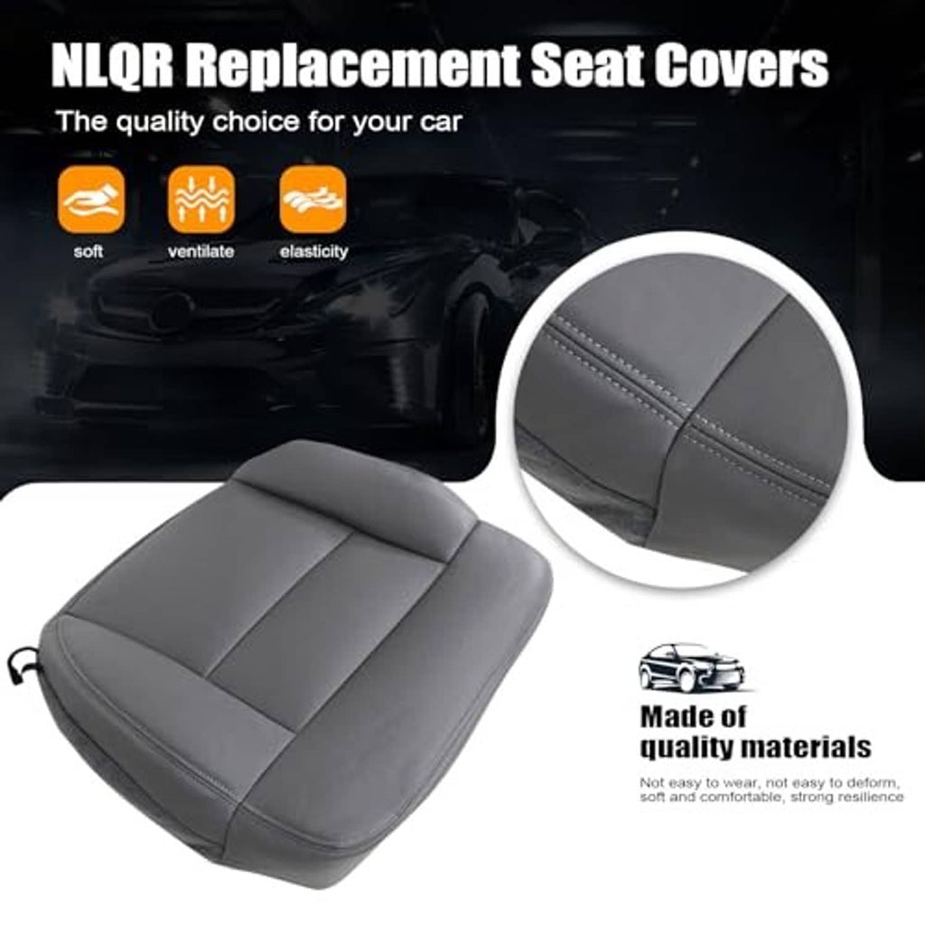 Gray replacement seat cover with padded panels and stitched borders, front driver side