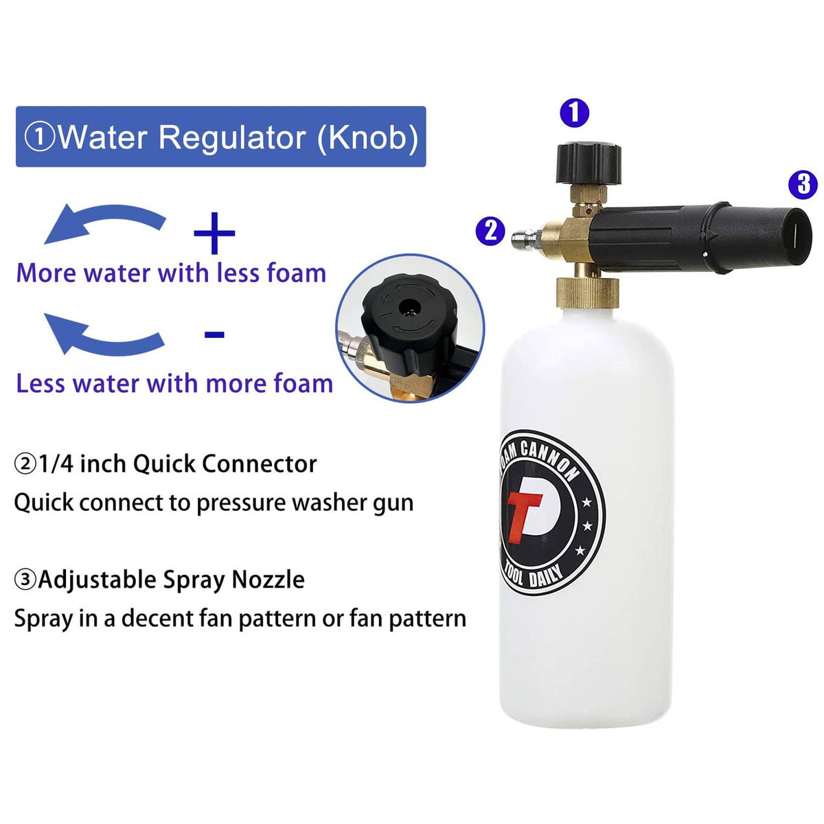 Foam cannon bottle with black regulator knob, 1/4 in quick connector, and adjustable spray nozzle