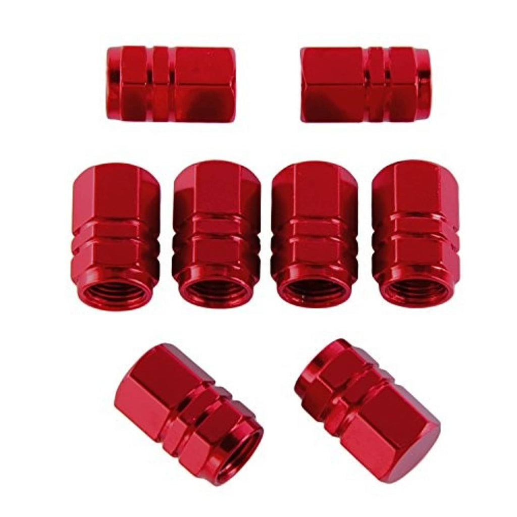 8-pack red aluminum valve stem caps, ridged metal design, threaded interior visible