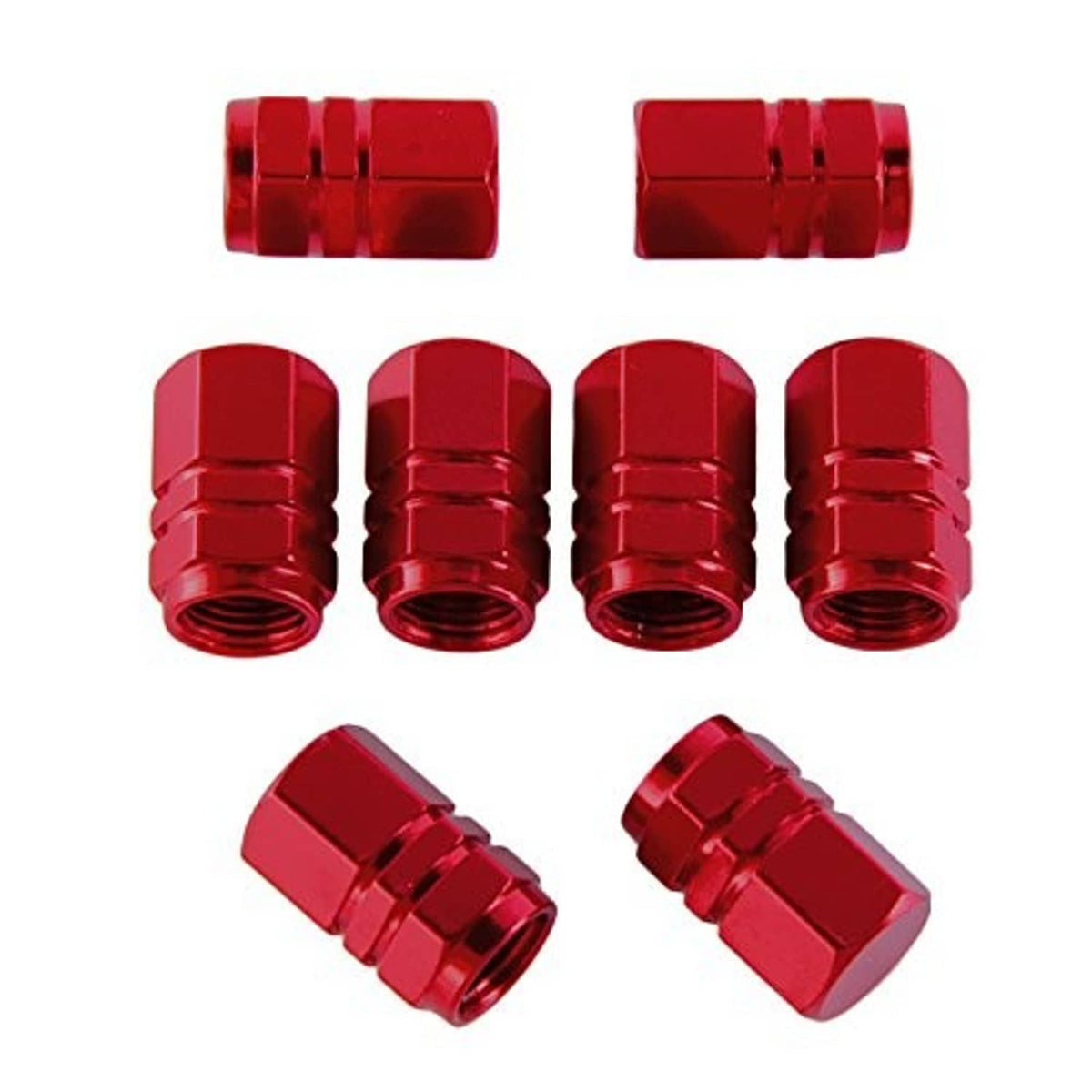 8-pack red aluminum valve stem caps, ridged metal design, threaded interior visible