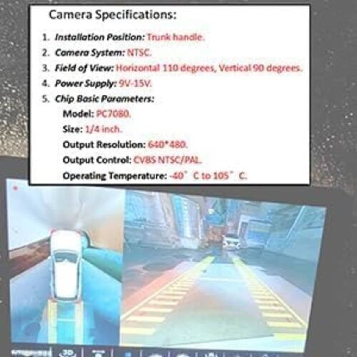 Camera specifications panel with rear-view preview screen