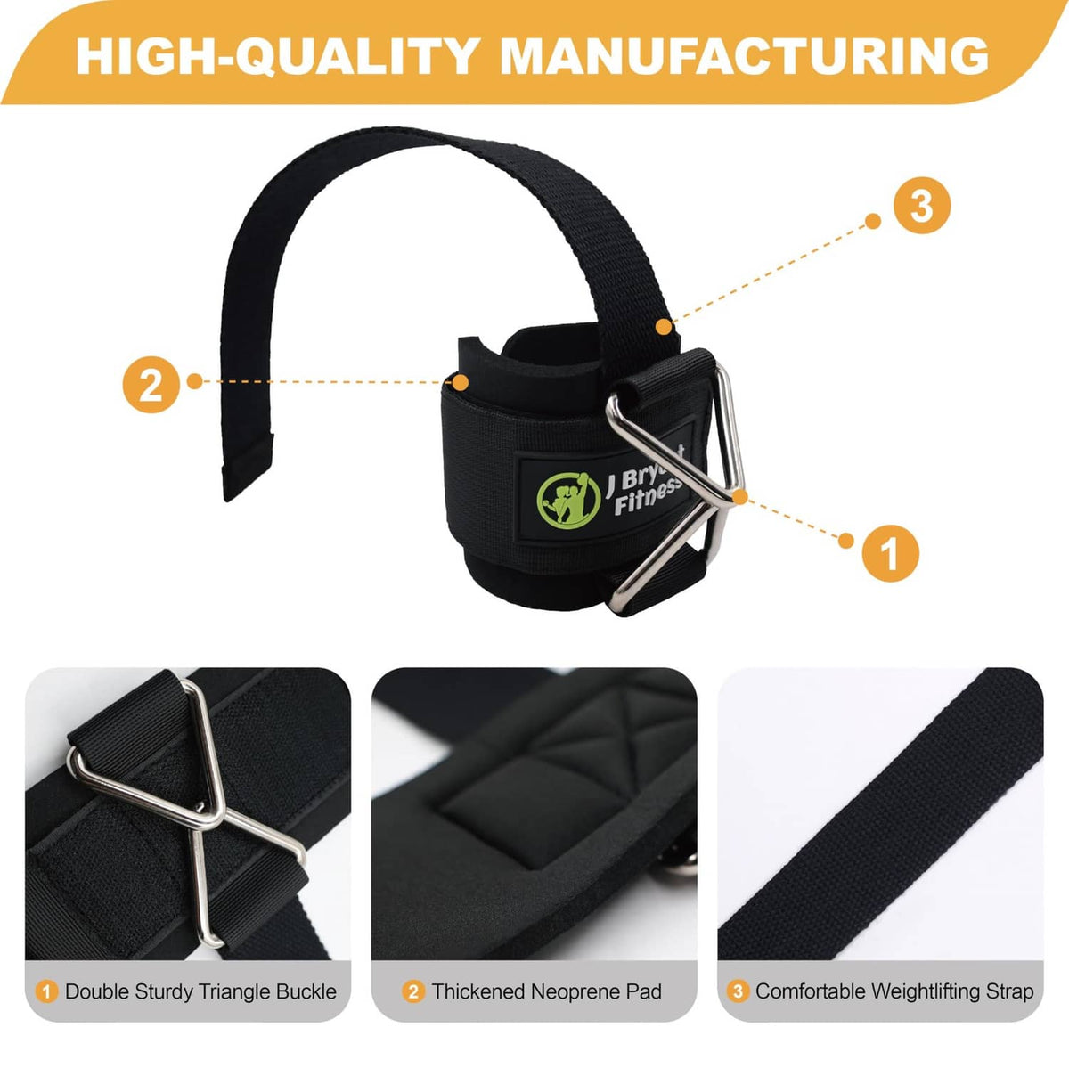 Black weightlifting wrist strap with reinforced triangle buckle and padded band
