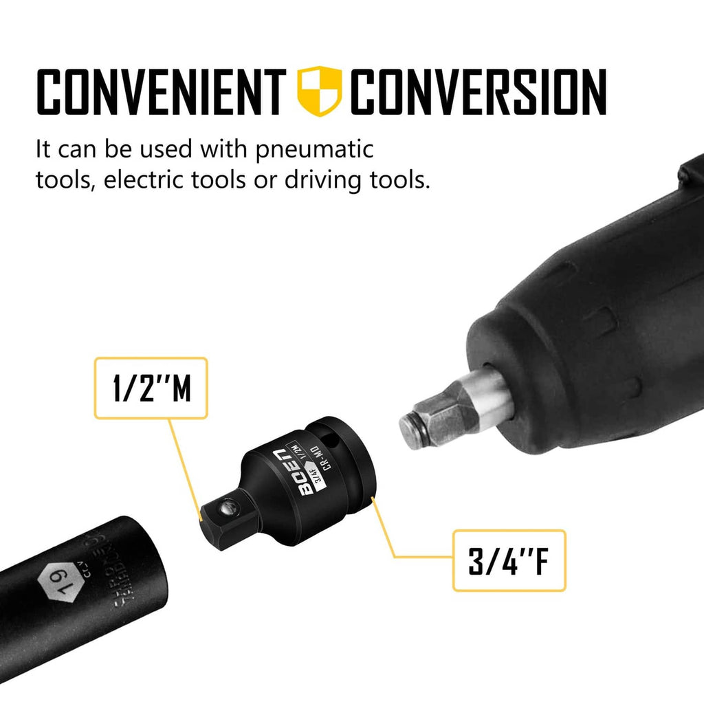 Impact socket adapter reducer connecting sockets to a black drive extension tool