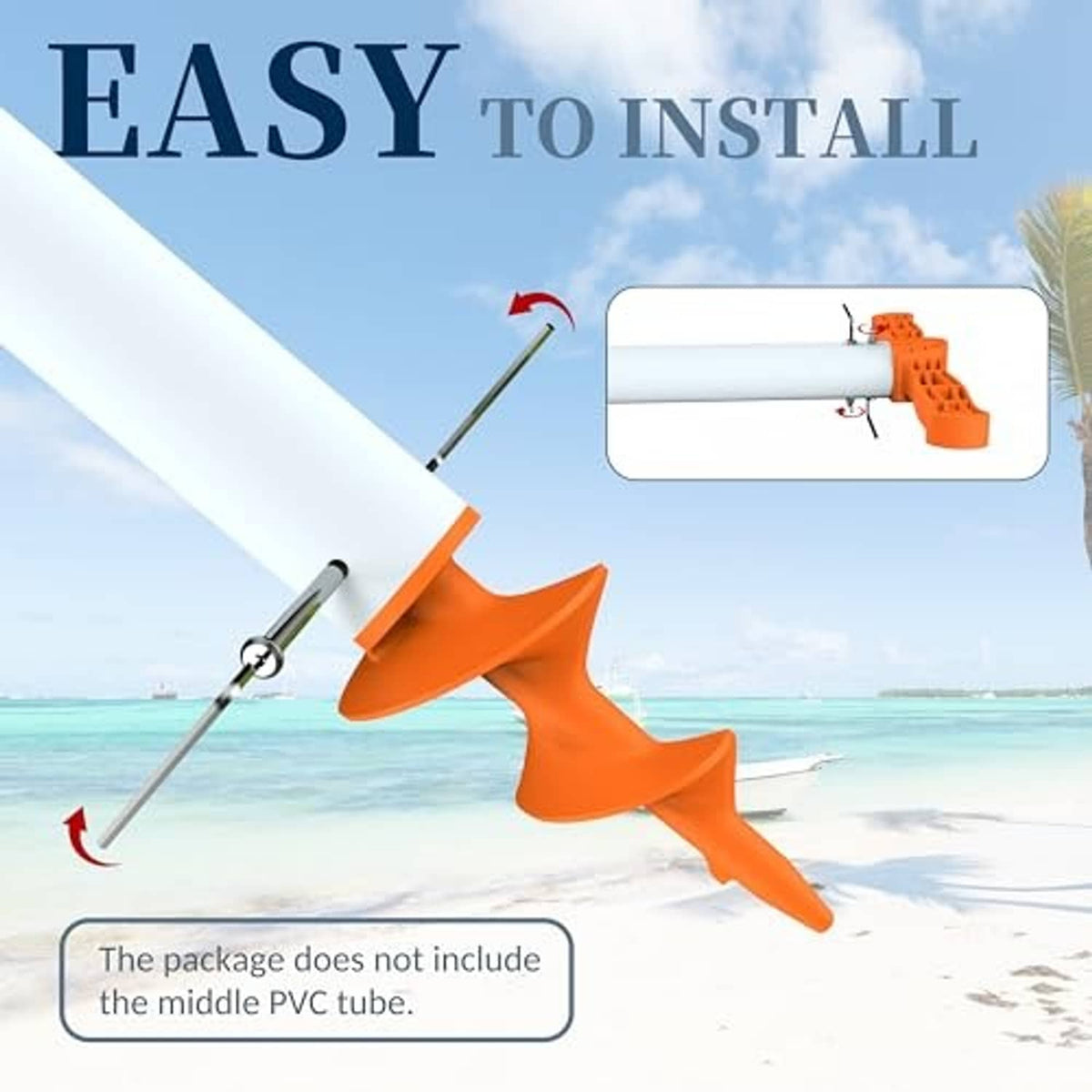 Orange PVC sand auger anchor with threaded installation rod and bolts