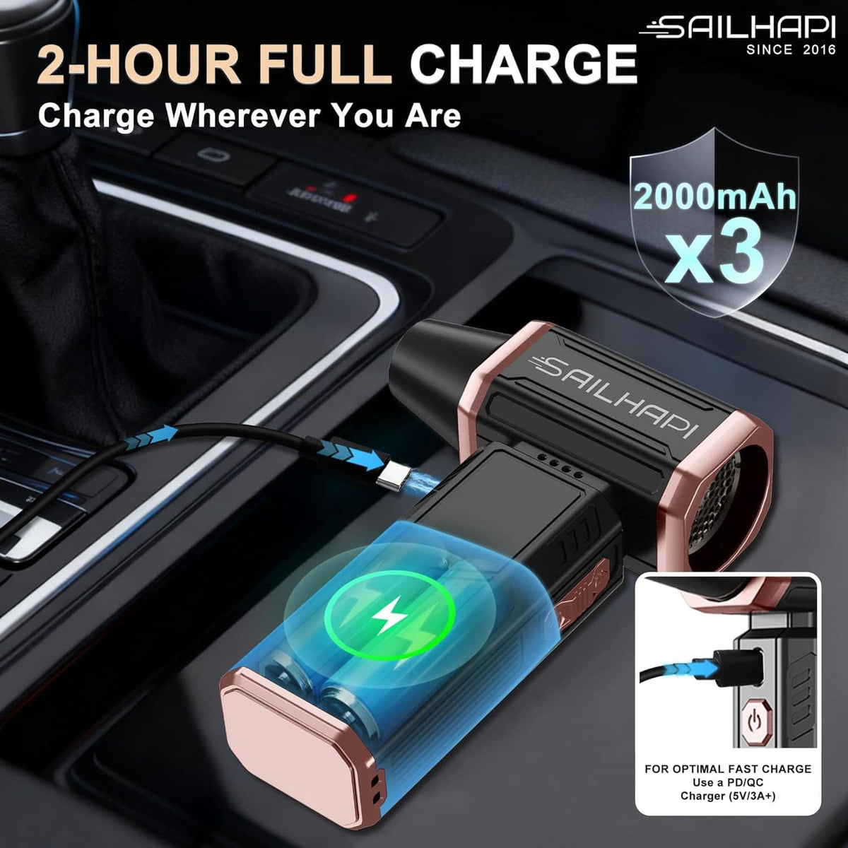 Cordless air duster on dashboard with 2-hour charge indicator and battery level lights