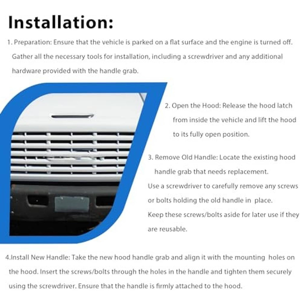 Installation instructions sheet with numbered steps for a hood handle grab