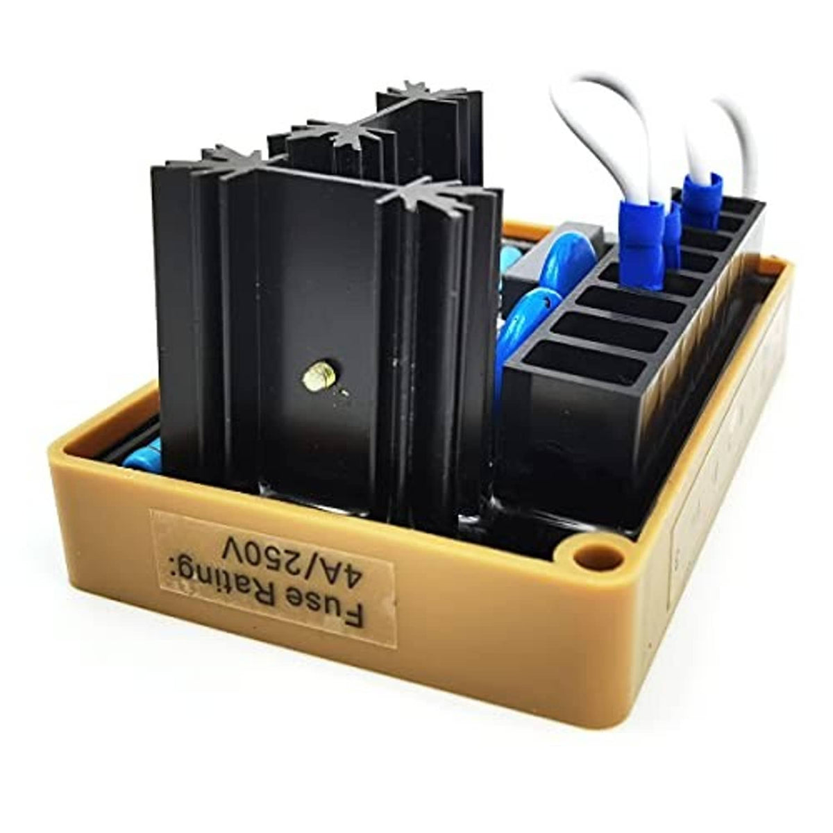 Automatic voltage regulator module with beige base, black heatsink fins, and blue wiring