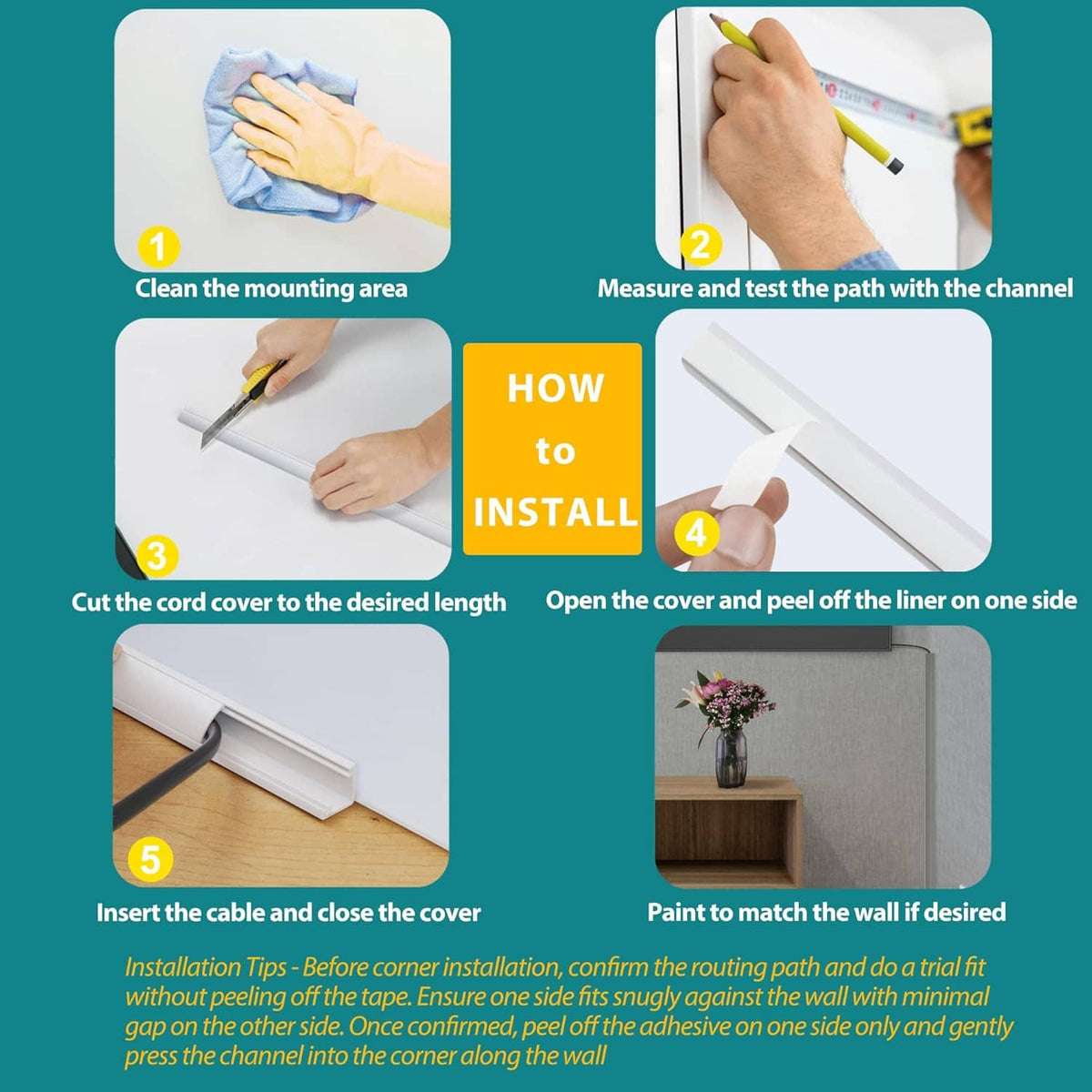 Paintable corner cable cover with one-cord duct channel and removable peel liner