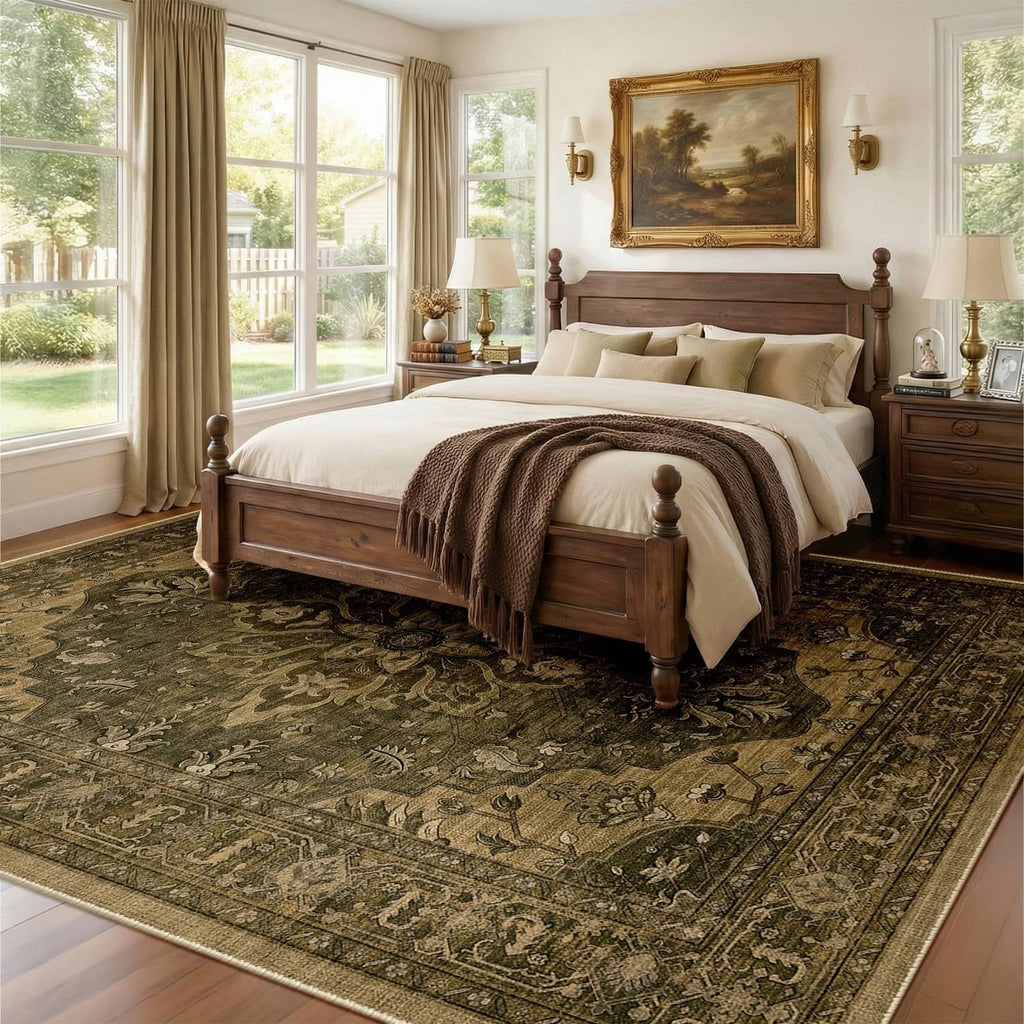 Rectangular area rug with vintage-style ornamental pattern in dark olive and brown