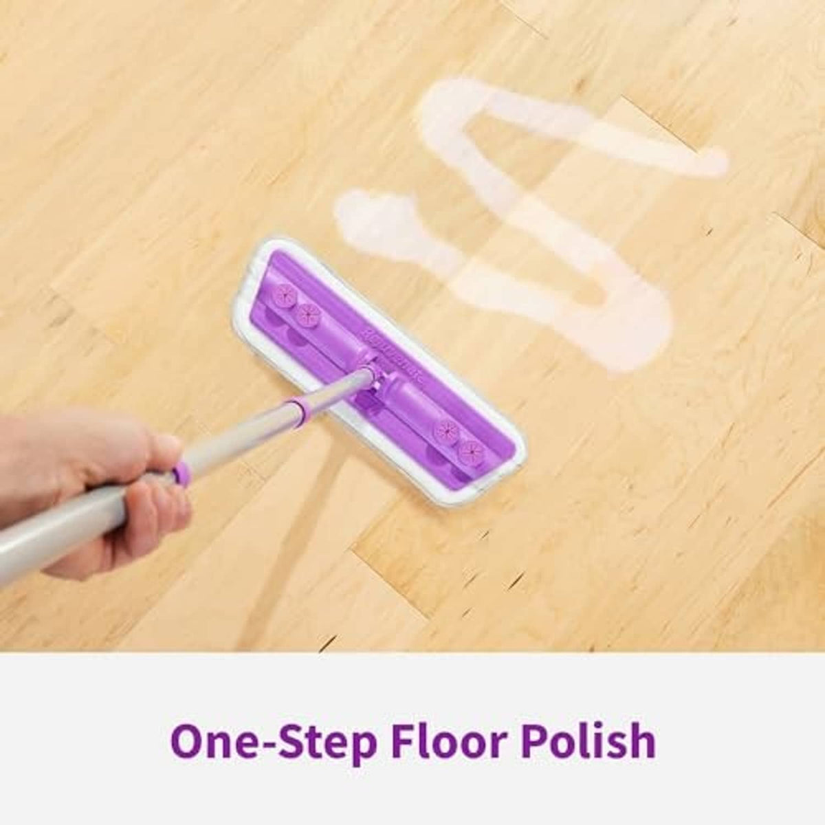 Purple floor polish applicator mop head held over light wood flooring