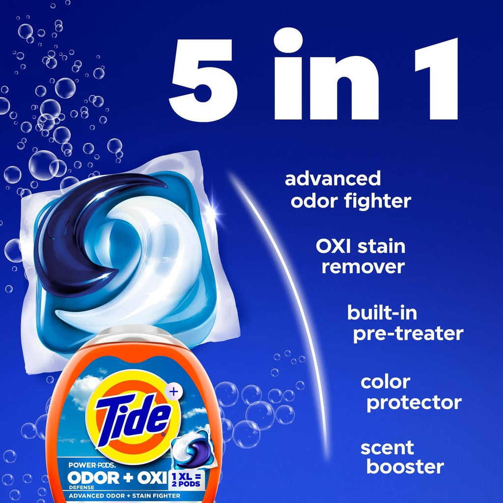 Tide laundry detergent pod in blue swirl, featuring 5-in-1 odor fighter benefits
