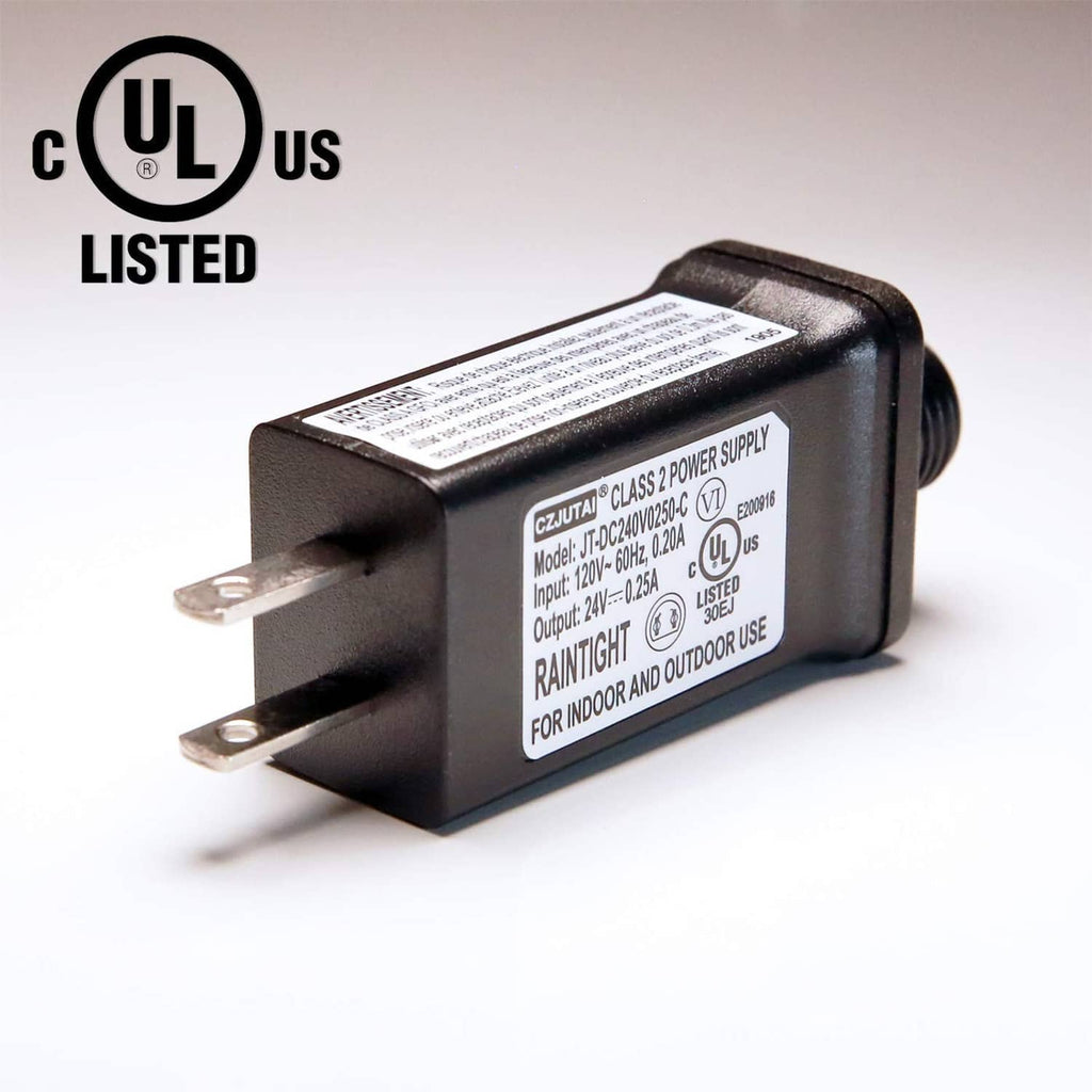 Black 24V LED transformer power supply, UL Listed marking, threaded output connector