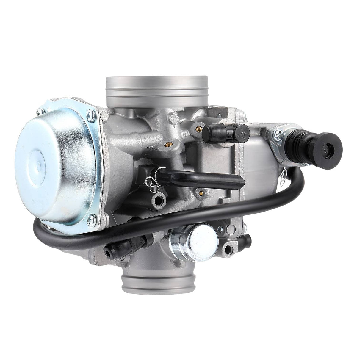 Carburetor with metal housing and attached intake pipe and black cable connectors