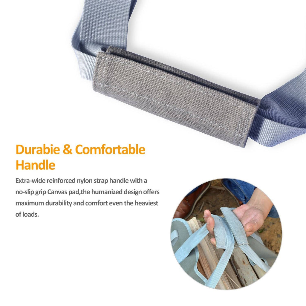 Gray firewood tote with reinforced no-slip light blue strap handles