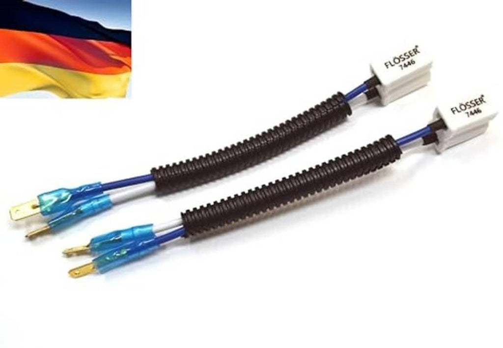 Two wire harnesses with white Flosser 7446 pigtail sockets and blue wire leads