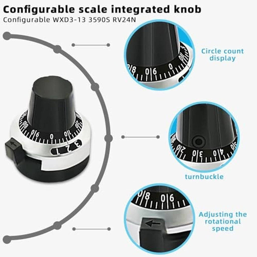 Rotary potentiometer knob with numbered scale, black top, and silver dial ring