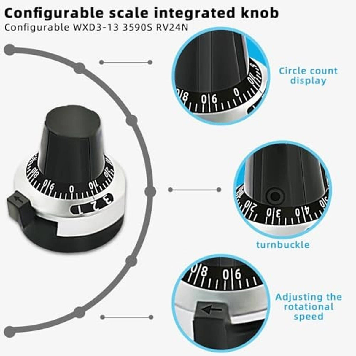 Rotary potentiometer knob with numbered scale, black top, and silver dial ring