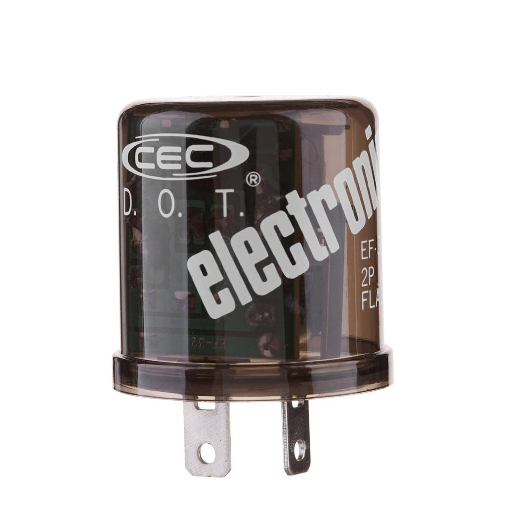 12V electronic flasher relay with clear housing and two-pin plug blades