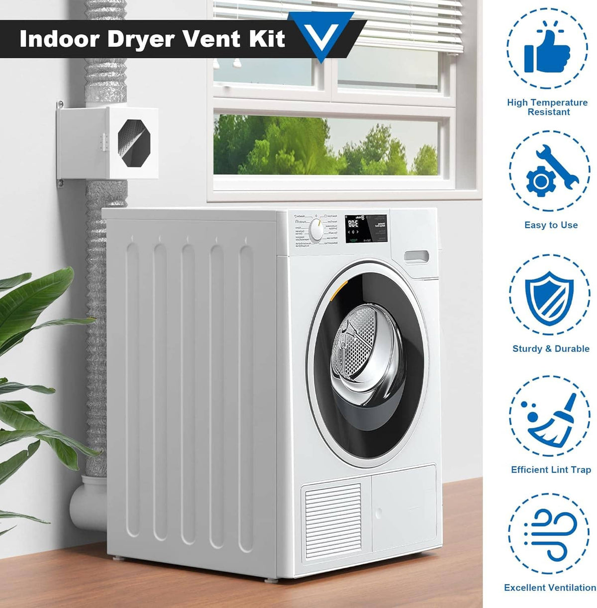 Indoor dryer vent kit with lint trap box, flexible duct, and metal hose clamps