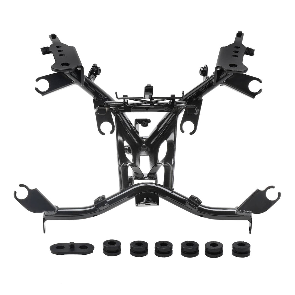 Black front fairing stay bracket with fork-side mounts and curved support bars