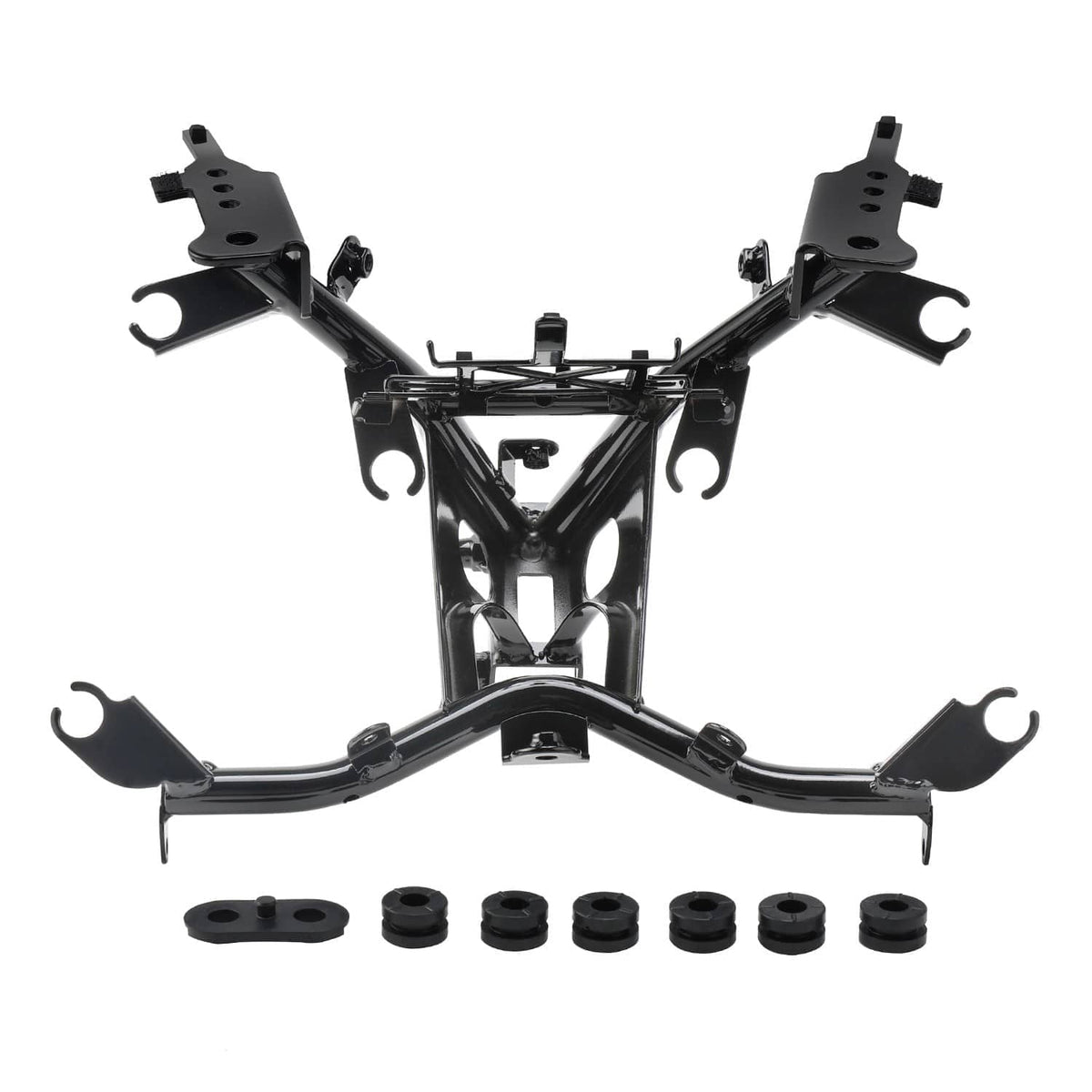 Black front fairing stay bracket with fork-side mounts and curved support bars
